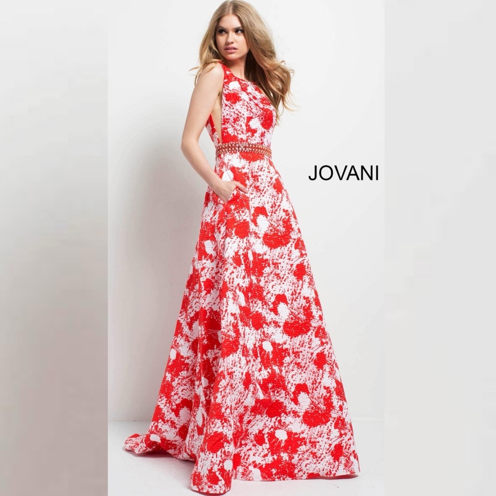 JOVANI Red and White Print Backless A-Line Evening Gown